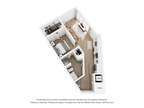 A 3D floor plan of a small apartment with a kitchen, living room, and bathroom.